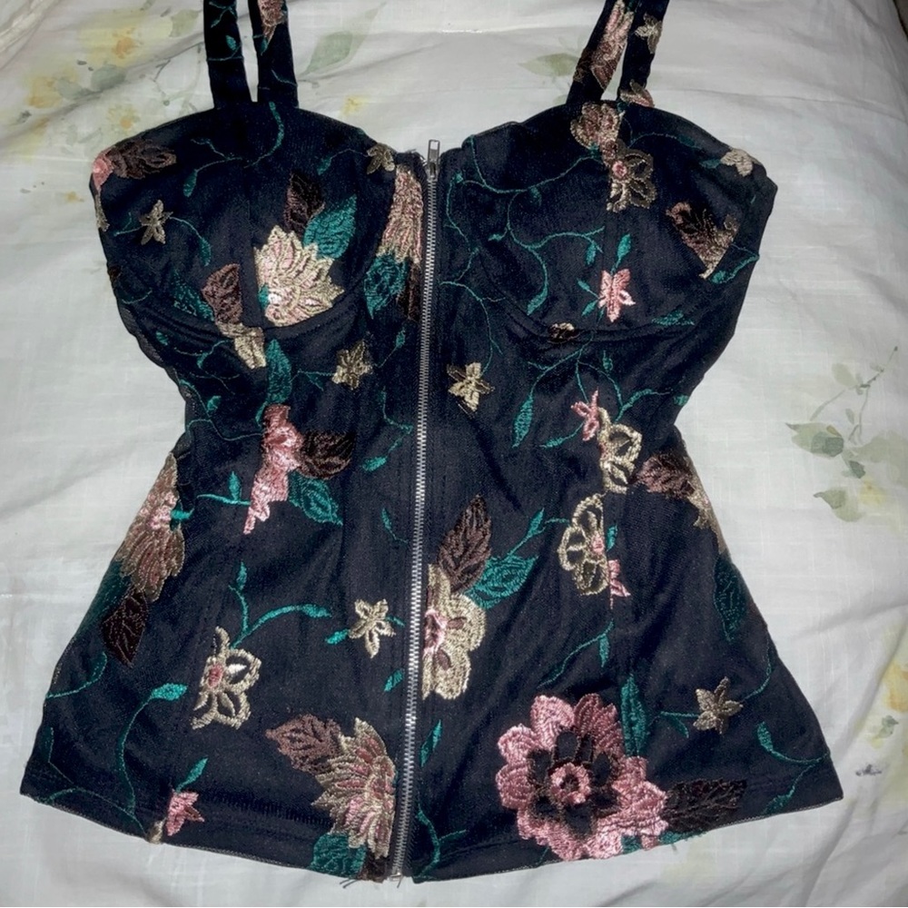 COPY - Black Floral Embroidered Zippered Corset Tank Too Bustier M/L